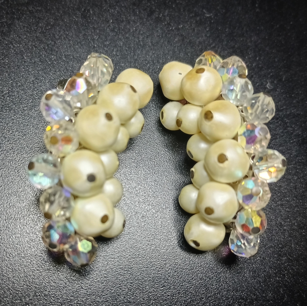 Vintage/Estate Pearl & Aurora Borealis Crystal Clip Earrings "Incredible!"
